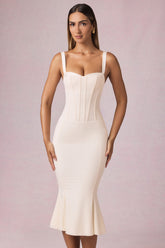 Layered Bra-Detail Fishtail Midaxi Dress in Ivory